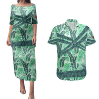 Martinique Pride Couples Matching Puletasi and Hawaiian Shirt with Green Banana Leaf Print and Flag Patch Accents