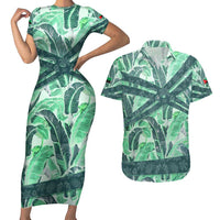 Martinique Pride Couples Matching Short Sleeve Bodycon Dress and Hawaiian Shirt with Green Banana Leaf Print and Flag Patch Accents