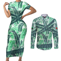 Martinique Pride Couples Matching Short Sleeve Bodycon Dress and Long Sleeve Button Shirt with Green Banana Leaf Print and Flag Patch Accents