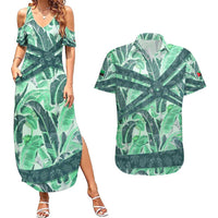 Martinique Pride Couples Matching Summer Maxi Dress and Hawaiian Shirt with Green Banana Leaf Print and Flag Patch Accents