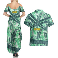 Martinique Pride Couples Matching Summer Maxi Dress and Hawaiian Shirt with Green Banana Leaf Print and Flag Patch Accents