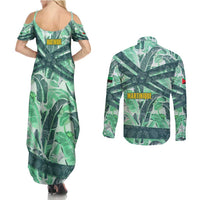 Martinique Pride Couples Matching Summer Maxi Dress and Long Sleeve Button Shirt with Green Banana Leaf Print and Flag Patch Accents