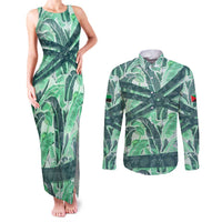 Martinique Pride Couples Matching Tank Maxi Dress and Long Sleeve Button Shirt with Green Banana Leaf Print and Flag Patch Accents