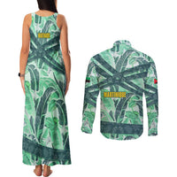 Martinique Pride Couples Matching Tank Maxi Dress and Long Sleeve Button Shirt with Green Banana Leaf Print and Flag Patch Accents