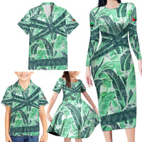 Martinique Pride Family Matching Long Sleeve Bodycon Dress and Hawaiian Shirt with Green Banana Leaf Print and Flag Patch Accents