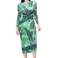Martinique Pride Family Matching Long Sleeve Bodycon Dress and Hawaiian Shirt with Green Banana Leaf Print and Flag Patch Accents