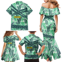 Martinique Pride Family Matching Mermaid Dress and Hawaiian Shirt with Green Banana Leaf Print and Flag Patch Accents