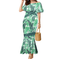 Martinique Pride Family Matching Mermaid Dress and Hawaiian Shirt with Green Banana Leaf Print and Flag Patch Accents
