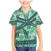 Martinique Pride Family Matching Mermaid Dress and Hawaiian Shirt with Green Banana Leaf Print and Flag Patch Accents