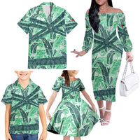 Martinique Pride Family Matching Off The Shoulder Long Sleeve Dress and Hawaiian Shirt with Green Banana Leaf Print and Flag Patch Accents
