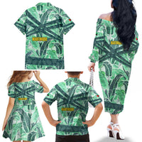 Martinique Pride Family Matching Off The Shoulder Long Sleeve Dress and Hawaiian Shirt with Green Banana Leaf Print and Flag Patch Accents