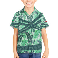 Martinique Pride Family Matching Off The Shoulder Long Sleeve Dress and Hawaiian Shirt with Green Banana Leaf Print and Flag Patch Accents