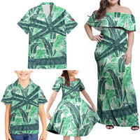 Martinique Pride Family Matching Off Shoulder Maxi Dress and Hawaiian Shirt with Green Banana Leaf Print and Flag Patch Accents