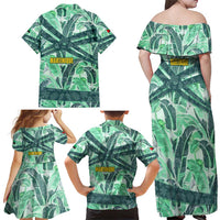 Martinique Pride Family Matching Off Shoulder Maxi Dress and Hawaiian Shirt with Green Banana Leaf Print and Flag Patch Accents