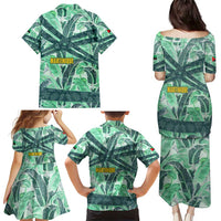 Martinique Pride Family Matching Puletasi and Hawaiian Shirt with Green Banana Leaf Print and Flag Patch Accents