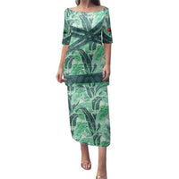 Martinique Pride Family Matching Puletasi and Hawaiian Shirt with Green Banana Leaf Print and Flag Patch Accents