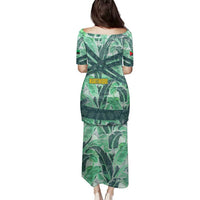 Martinique Pride Family Matching Puletasi and Hawaiian Shirt with Green Banana Leaf Print and Flag Patch Accents