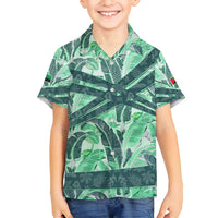 Martinique Pride Family Matching Puletasi and Hawaiian Shirt with Green Banana Leaf Print and Flag Patch Accents