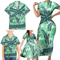 Martinique Pride Family Matching Short Sleeve Bodycon Dress and Hawaiian Shirt with Green Banana Leaf Print and Flag Patch Accents
