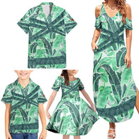 Martinique Pride Family Matching Summer Maxi Dress and Hawaiian Shirt with Green Banana Leaf Print and Flag Patch Accents