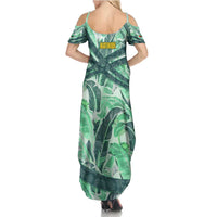 Martinique Pride Family Matching Summer Maxi Dress and Hawaiian Shirt with Green Banana Leaf Print and Flag Patch Accents