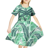 Martinique Pride Kid Short Sleeve Dress with Green Banana Leaf Print and Flag Patch Accents