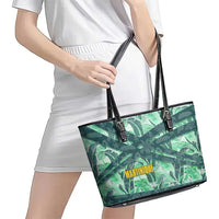 Martinique Pride Leather Tote Bag with Green Banana Leaf Print and Flag Patch Accents