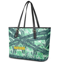 Martinique Pride Leather Tote Bag with Green Banana Leaf Print and Flag Patch Accents