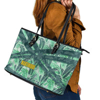 Martinique Pride Leather Tote Bag with Green Banana Leaf Print and Flag Patch Accents