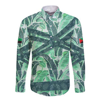 Martinique Pride Long Sleeve Button Shirt with Green Banana Leaf Print and Flag Patch Accents