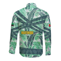 Martinique Pride Long Sleeve Button Shirt with Green Banana Leaf Print and Flag Patch Accents