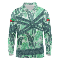 Martinique Pride Long Sleeve Polo Shirt with Green Banana Leaf Print and Flag Patch Accents