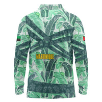 Martinique Pride Long Sleeve Polo Shirt with Green Banana Leaf Print and Flag Patch Accents