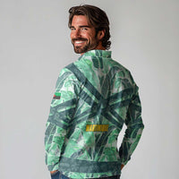 Martinique Pride Long Sleeve Polo Shirt with Green Banana Leaf Print and Flag Patch Accents