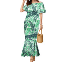 Martinique Pride Mermaid Dress with Green Banana Leaf Print and Flag Patch Accents