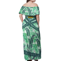 Martinique Pride Off Shoulder Maxi Dress with Green Banana Leaf Print and Flag Patch Accents
