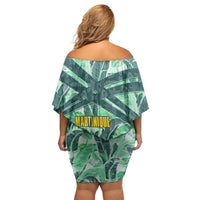 Martinique Pride Off Shoulder Short Dress with Green Banana Leaf Print and Flag Patch Accents