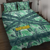Martinique Pride Quilt Bed Set with Green Banana Leaf Print and Flag Patch Accents