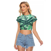 Martinique Pride Raglan Cropped T Shirt with Green Banana Leaf Print and Flag Patch Accents