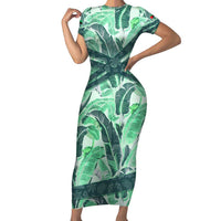 Martinique Pride Short Sleeve Bodycon Dress with Green Banana Leaf Print and Flag Patch Accents