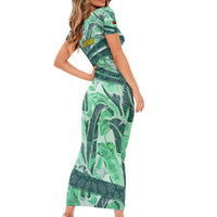 Martinique Pride Short Sleeve Bodycon Dress with Green Banana Leaf Print and Flag Patch Accents