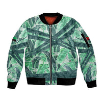 Martinique Pride Sleeve Zip Bomber Jacket with Green Banana Leaf Print and Flag Patch Accents