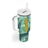 Martinique Pride Tumbler With Handle with Green Banana Leaf Print and Flag Patch Accents