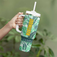 Martinique Pride Tumbler With Handle with Green Banana Leaf Print and Flag Patch Accents