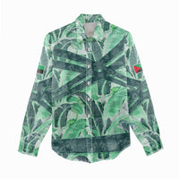 Martinique Pride Women Casual Shirt with Green Banana Leaf Print and Flag Patch Accents