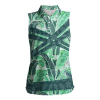 Martinique Pride Women Sleeveless Polo Shirt with Green Banana Leaf Print and Flag Patch Accents