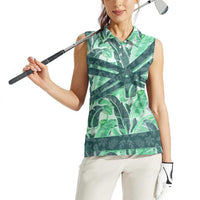 Martinique Pride Women Sleeveless Polo Shirt with Green Banana Leaf Print and Flag Patch Accents