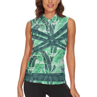 Martinique Pride Women Sleeveless Polo Shirt with Green Banana Leaf Print and Flag Patch Accents