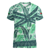 Martinique Pride Women V-Neck T-Shirt with Green Banana Leaf Print and Flag Patch Accents