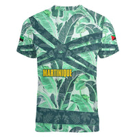 Martinique Pride Women V-Neck T-Shirt with Green Banana Leaf Print and Flag Patch Accents